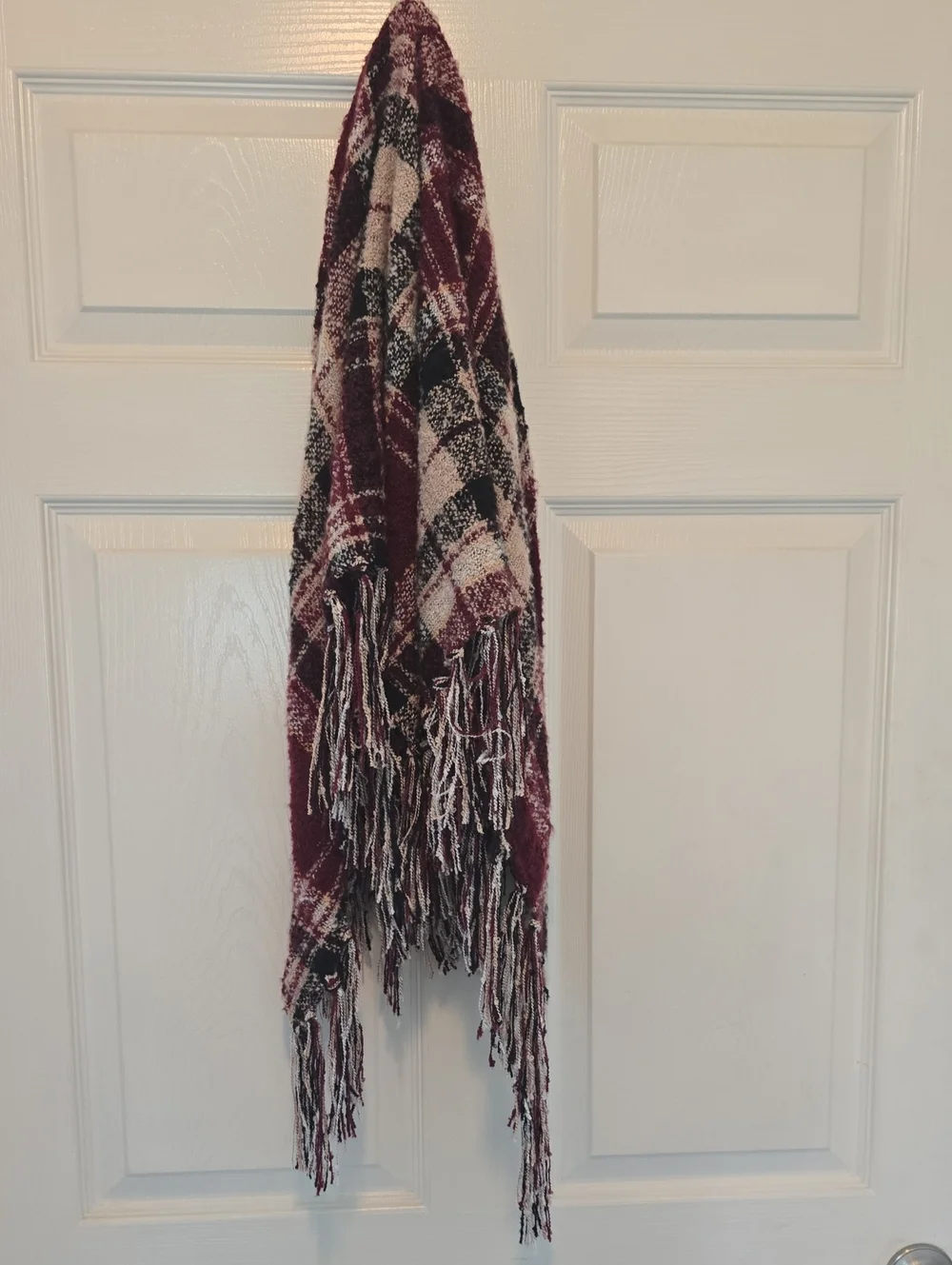 Cozy Plaid Fringe Scarf - Burgundy and Cream